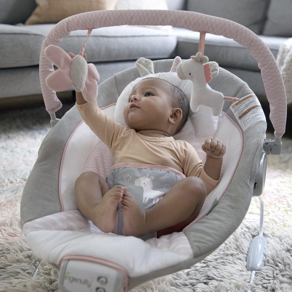 The Ingenuity Soothing Baby Bouncer offers comfort and entertainment for infants, available in India at Curat Cart. 100% Authentic.