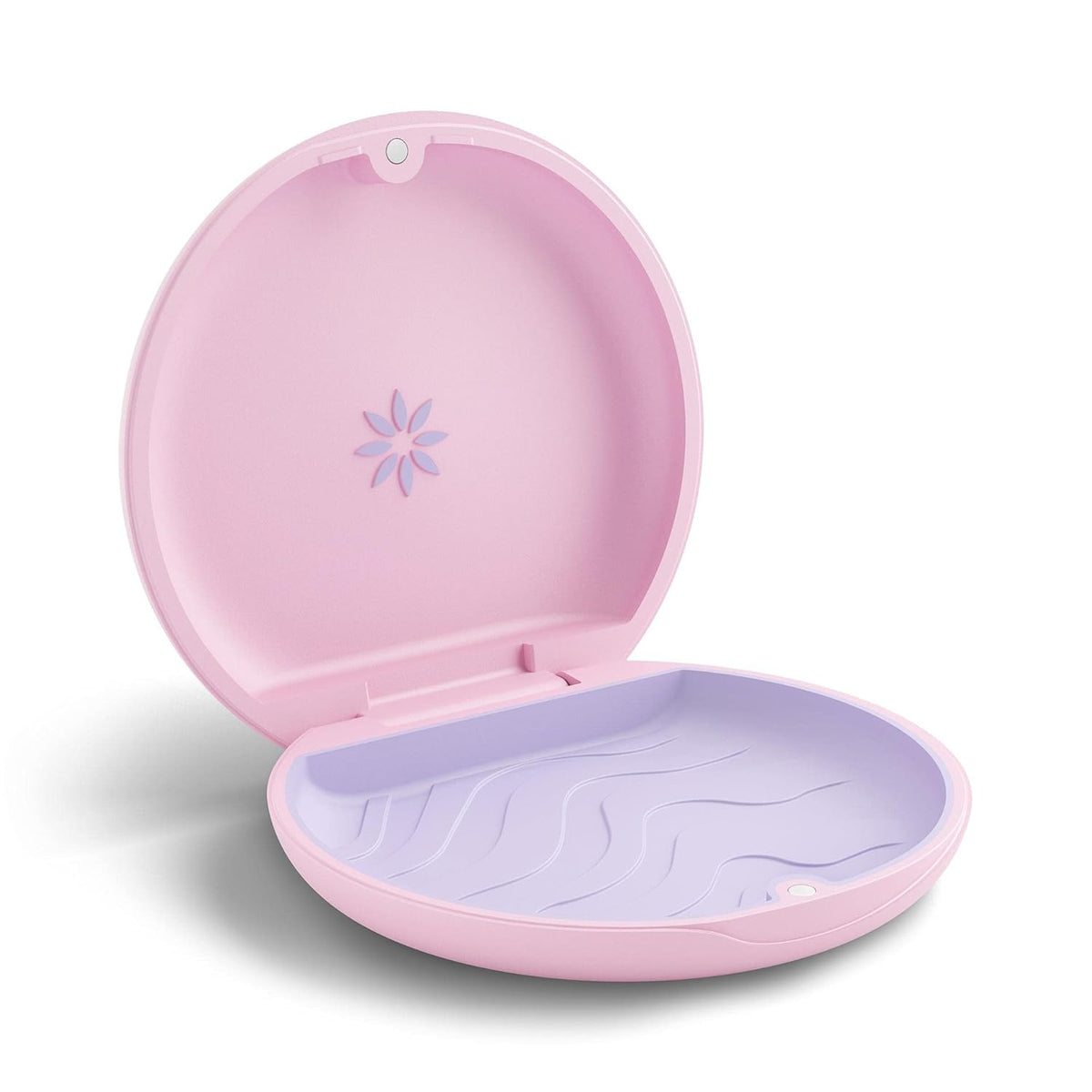 Premium imported Invisalign aligner case, elegantly designed in soft pink with a lavender interior for optimal storage.
