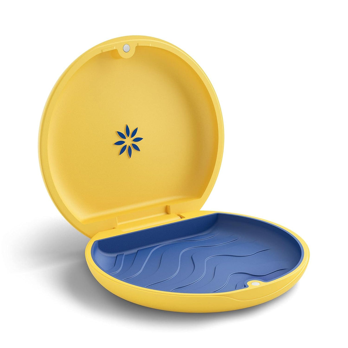 Official yellow Invisalign aligner retainer case with a blue interior, designed for secure storage and easy access.