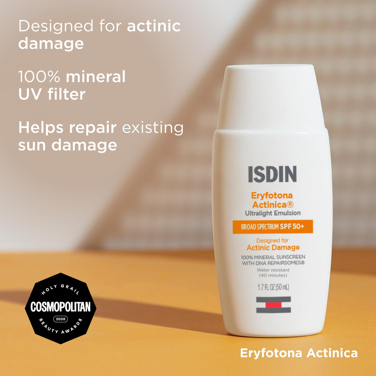 Premium imported ISDIN Eryfotona Actinica Sunscreen, 100% mineral UV filter, repairs sun damage effectively.