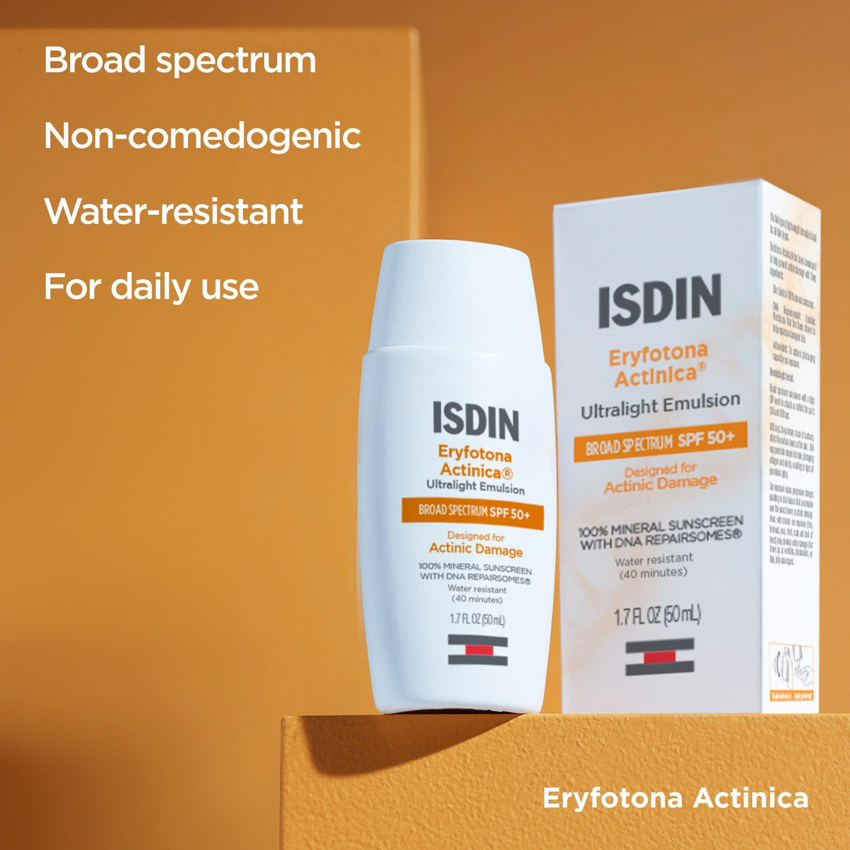 ISDIN Eryfotona Actinica Sunscreen, broad spectrum SPF 50+, designed for actinic damage, in original packaging.
