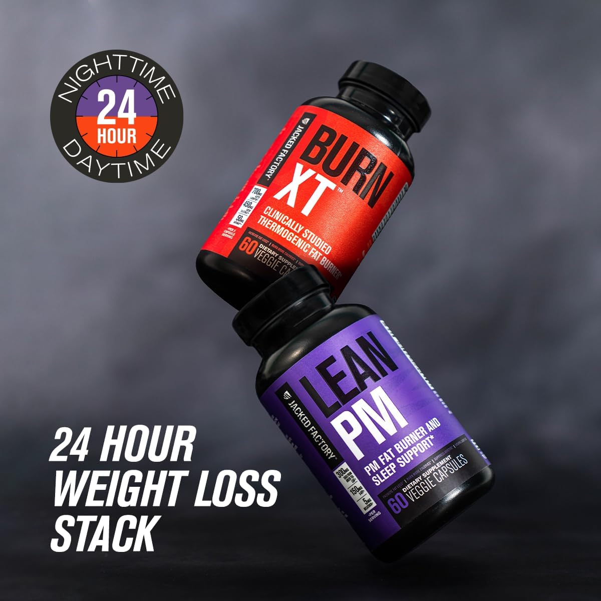 Jacked Factory's Burn-XT and Lean PM stacked. Verified by CuratCart for trusted weight loss support.