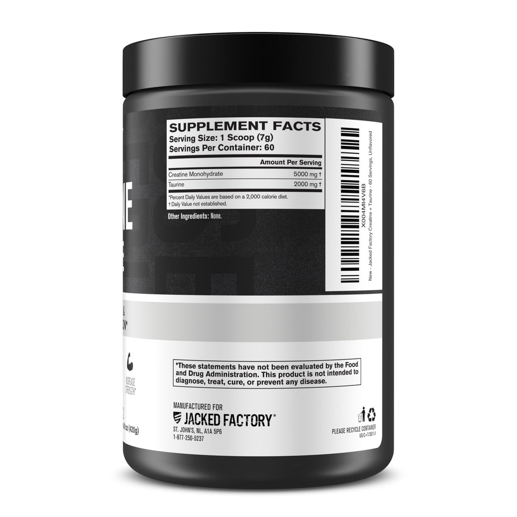 Jacked Factory Creatine Taurine features detailed supplement facts, 100% Authentic, available at Curat Cart in India.