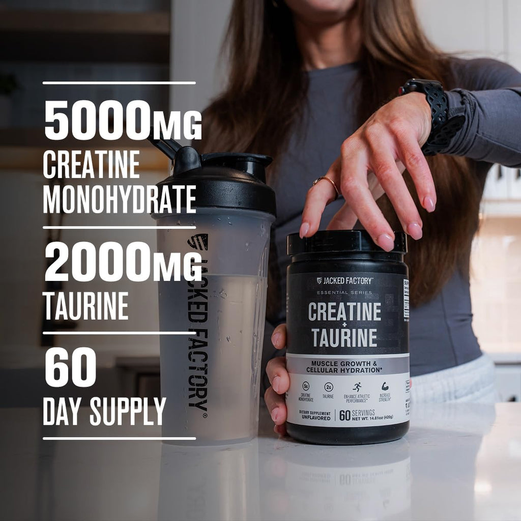 Jacked Factory Creatine Taurine offers 5000mg creatine and 2000mg taurine for muscle growth. Perfect for daily use. Available at Curat Cart.