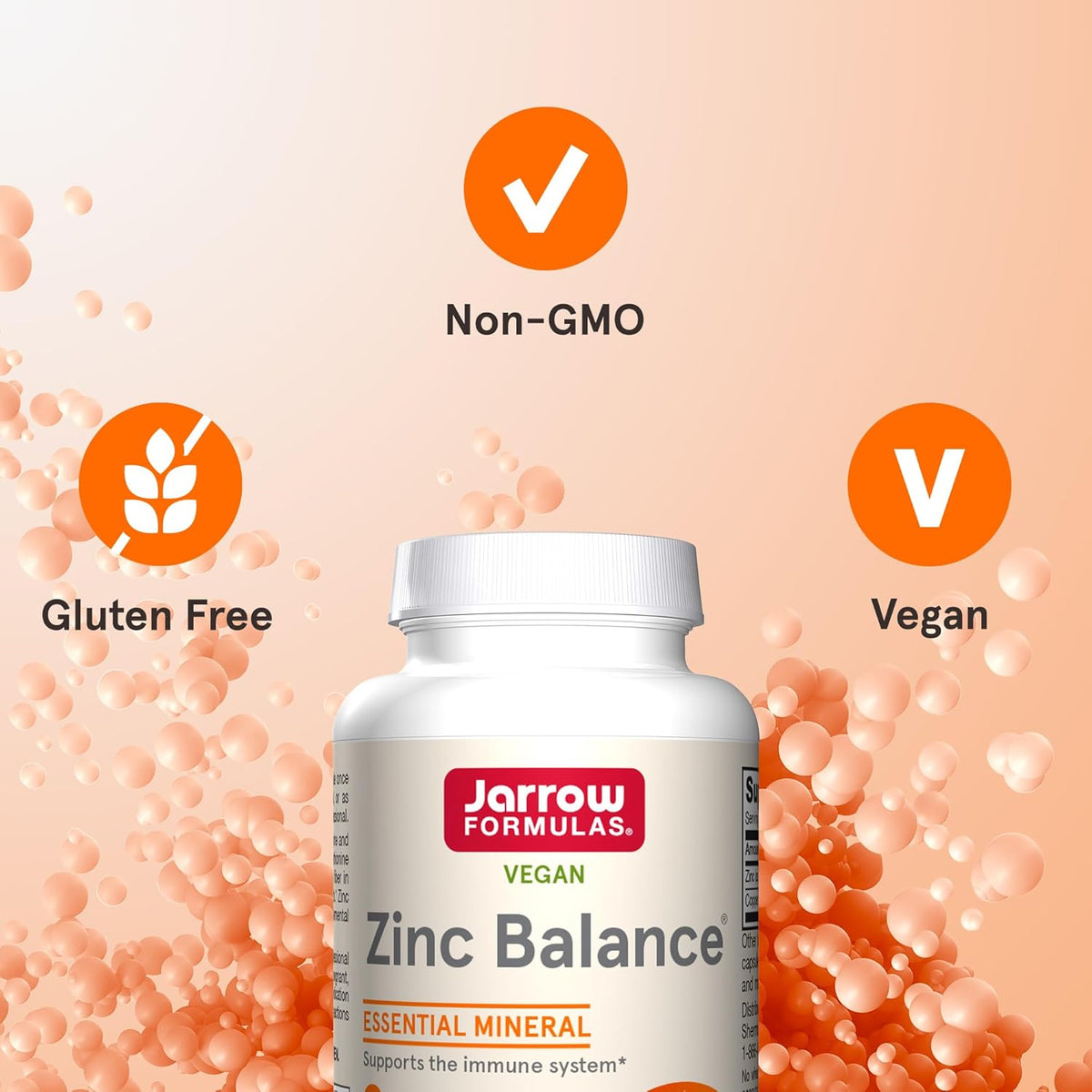 Jarrow Formulas Zinc Balance, vegan essential mineral supplement, gluten-free, and non-GMO, supporting immune health.