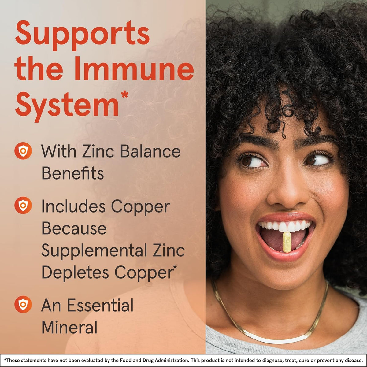 A woman smiling while taking a zinc supplement, supporting immune health. Verified by CuratCart for quality assurance.