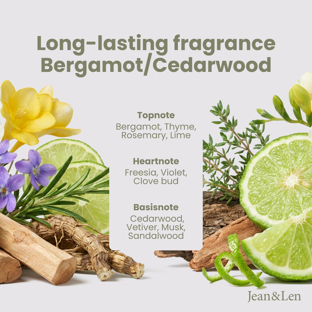Jean & Len Hand Soap features a long-lasting Bergamot & Cedarwood fragrance with natural ingredients. Verified by CuratCart.