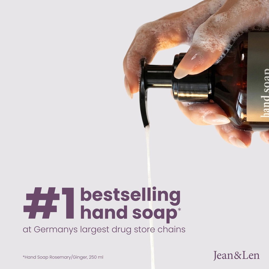 Jean&Len hand soap in bergamot & cedarwood fragrance, showcasing original packaging and liquid flow. A top seller in Germany.