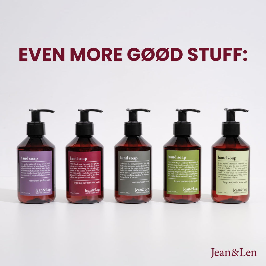 Jean & Len hand soap in sleek bottles, featuring a refreshing bergamot and cedarwood scent. Original product design.