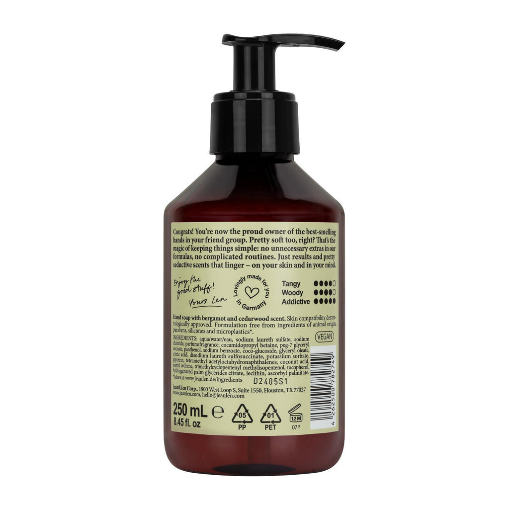 Jean & Len Hand Soap with Bergamot & Cedarwood. Available online, perfect for fresh, uplifting scent. 250 mL.