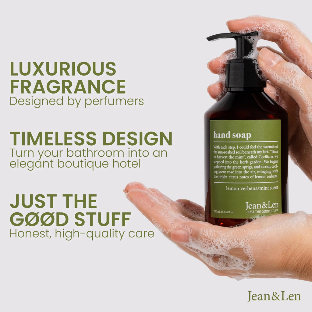 Jean & Len Hand Soap in Bergamot & Cedarwood blend brings a luxurious fragrance and timeless design to elevate your bathroom decor. Verified by CuratCart.