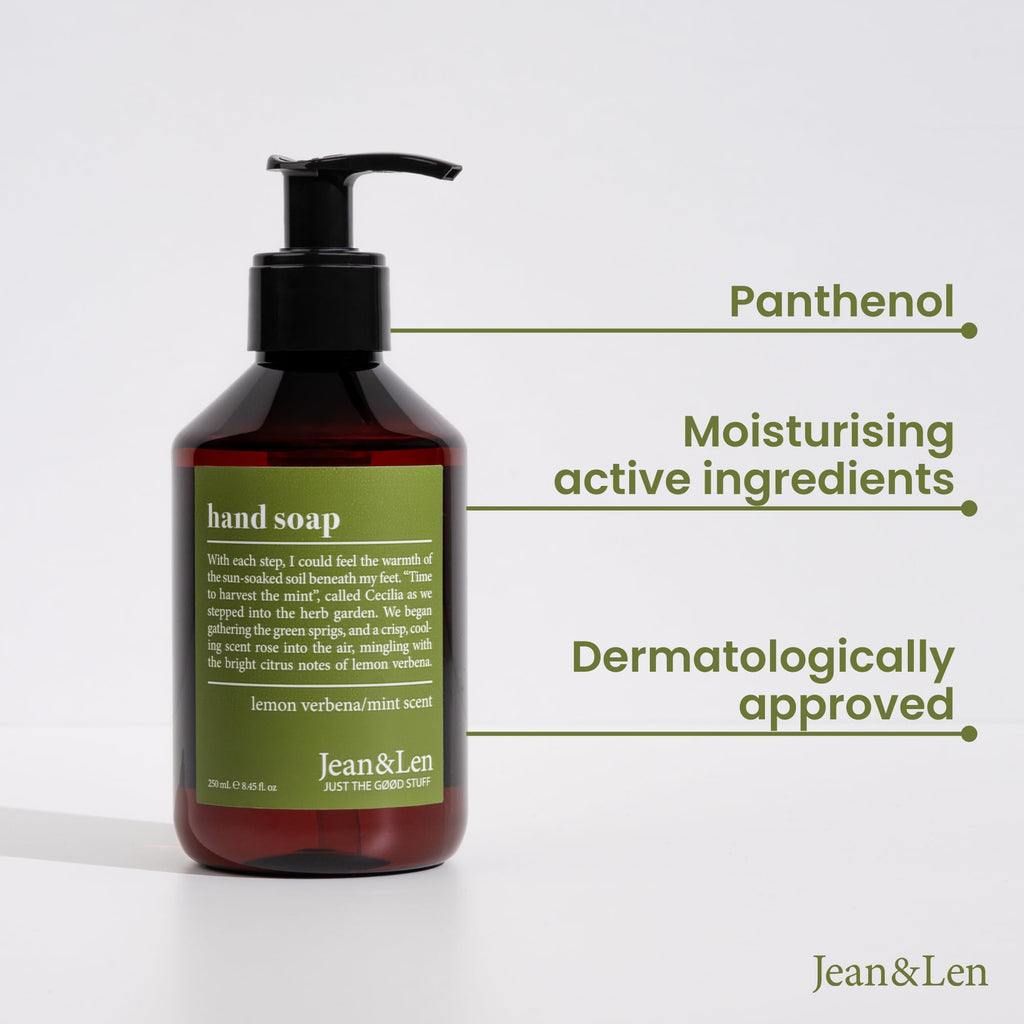 Bottle of Jean & Len Hand Soap featuring bergamot and cedarwood scent. Hydrating, dermatologically approved, and made with active ingredients.