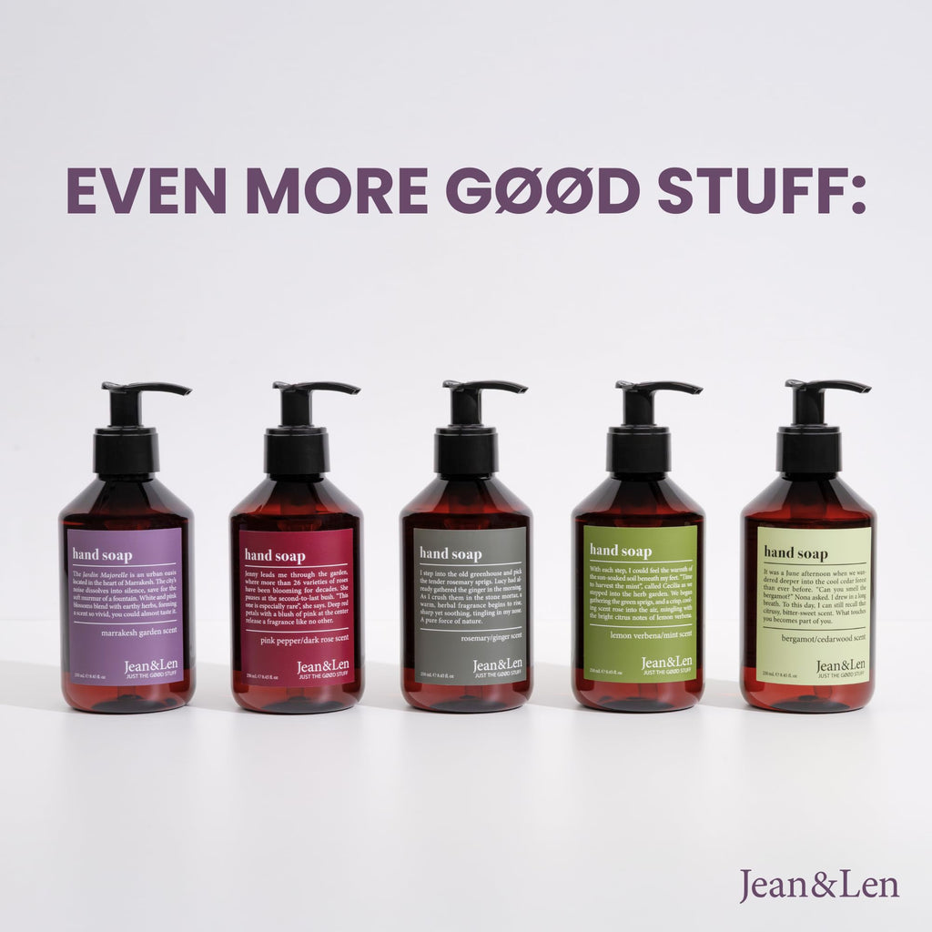 Premium imported Jean & Len Hand Soap with bergamot & cedarwood fragrance. Stylish bottles in a range of scents.