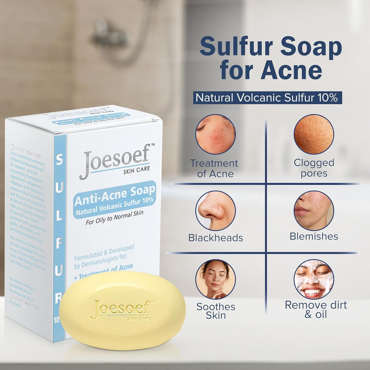 Order Joesoef Anti-Acne Soap with 10% Natural Volcanic Sulfur for oily skin. Available in India to soothe and clear skin.