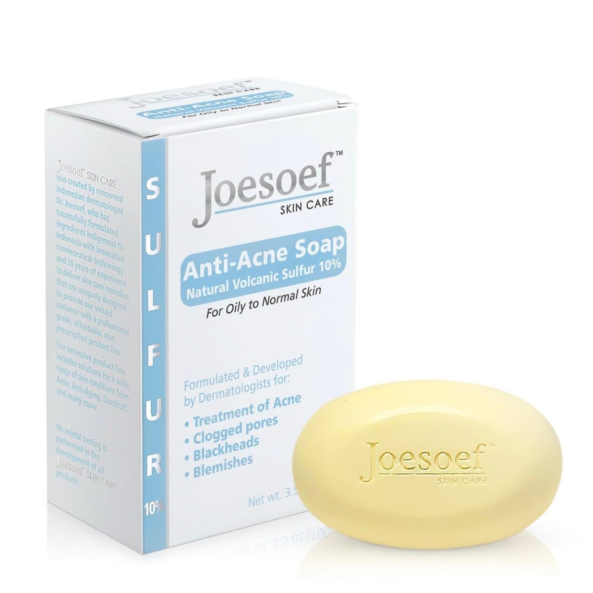 Premium imported Joesoef Anti-Acne Soap features natural volcanic sulfur for effective acne treatment and clearer skin.