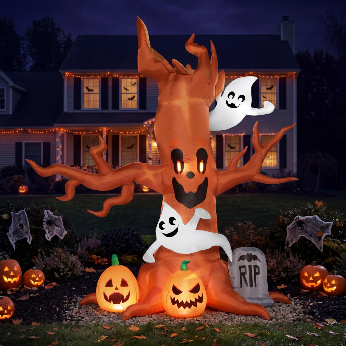 Joiedomi Halloween Inflatable Tree features ghosts and pumpkins, showcasing high-quality material, available at Curat Cart.