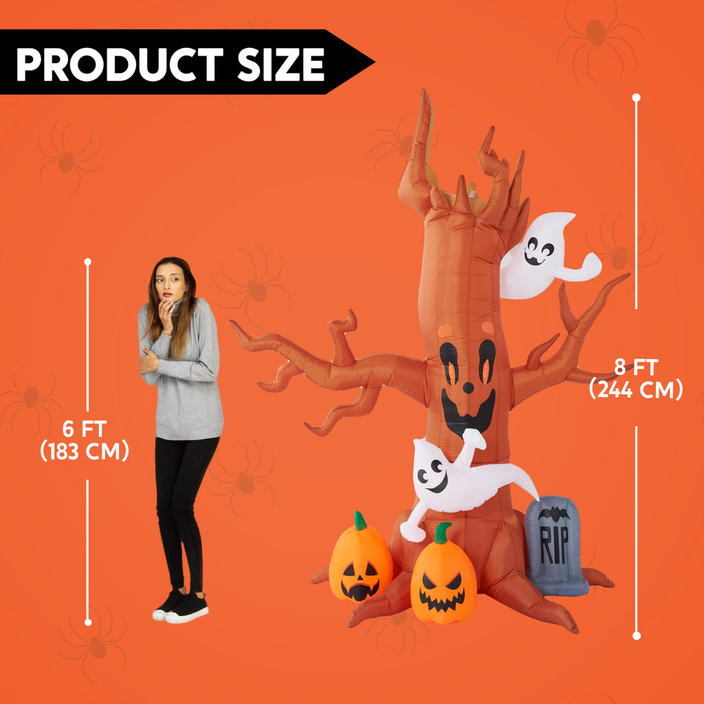 The Joiedomi Halloween Inflatable Tree stands 8 feet tall, featuring playful ghosts and pumpkins. Exclusively at Curat Cart.