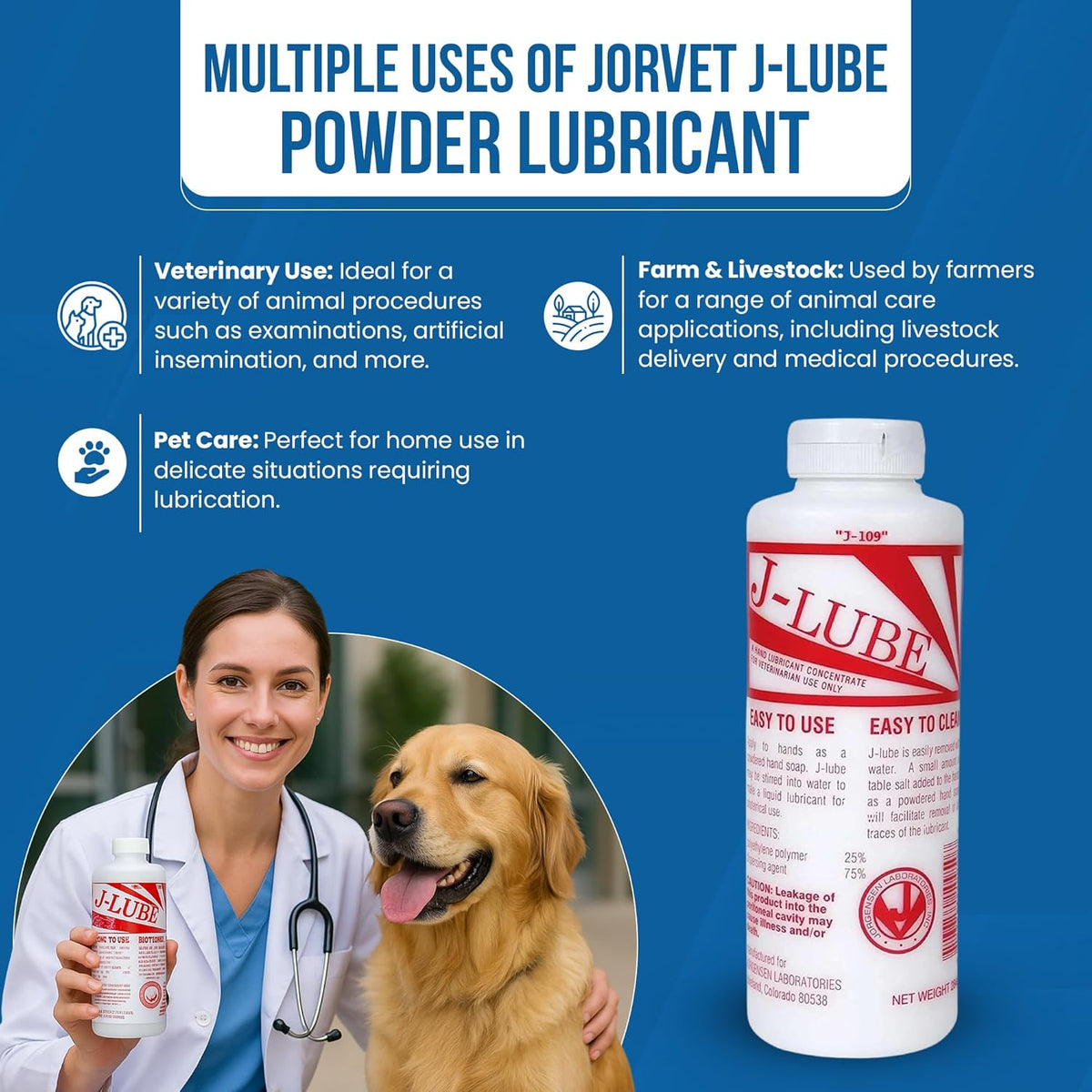 JorVet J-Lube Powder Lubricant bottle, ideal for veterinary and farm use. Verified by CuratCart for trusted quality.