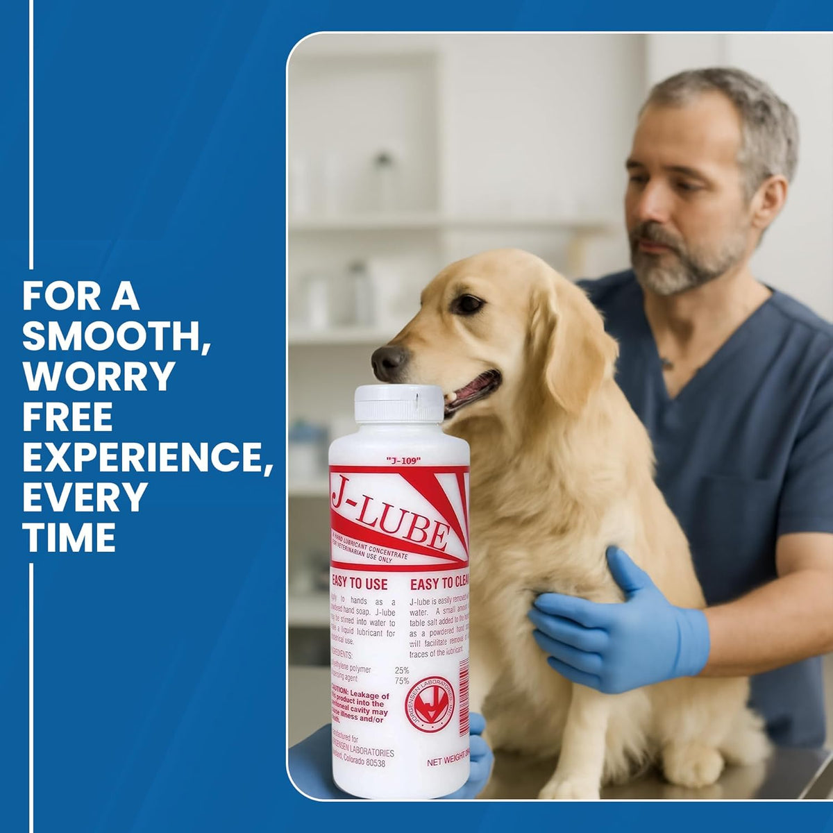 JorVet J-Lube Powder Lubricant in original packaging, with a veterinarian and a dog, ensuring a smooth experience.
