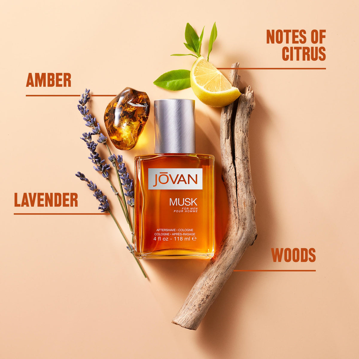 Jovan Musk for Men includes amber, citrus, lavender, and woods for a refreshing scent. Original packaging with 4 oz. bottle.