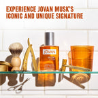Authentic Jovan Musk for Men Eau de Cologne Spray with grooming tools, showcasing its iconic scent. 100% genuine product.