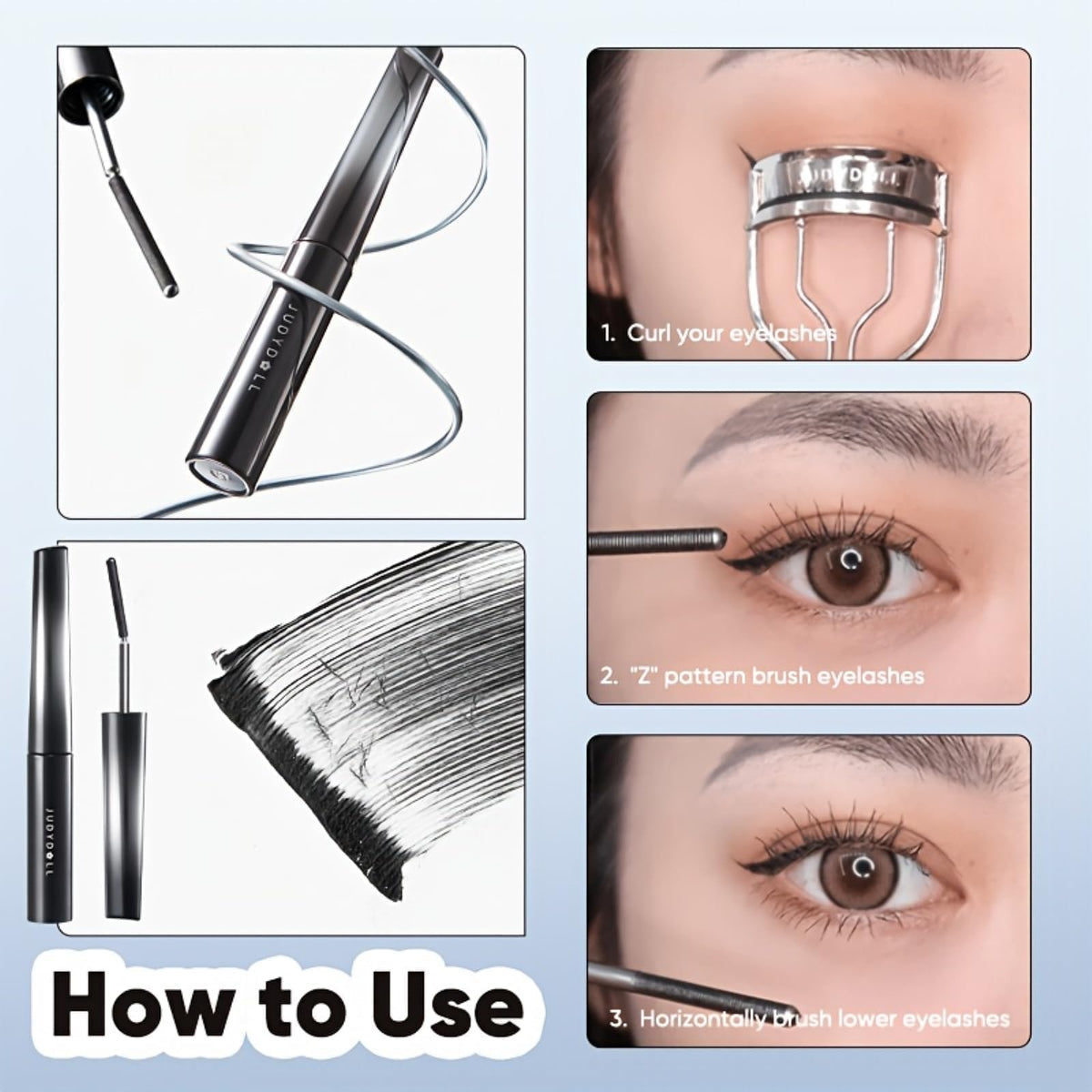 Instructions for using JUDYDOLL Waterproof Mascara: curl, apply in a Z pattern, and enhance lower lashes for dramatic volume.