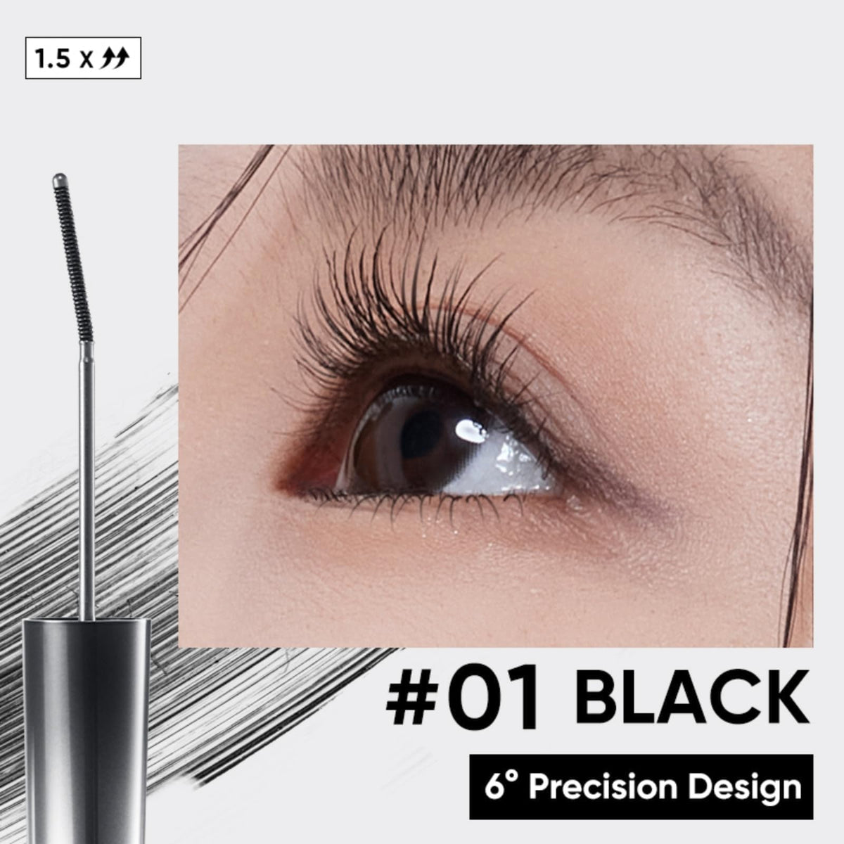 JUDYDOLL Waterproof Mascara #01 Black showcased on model with long, curled lashes. Verified by CuratCart for quality.