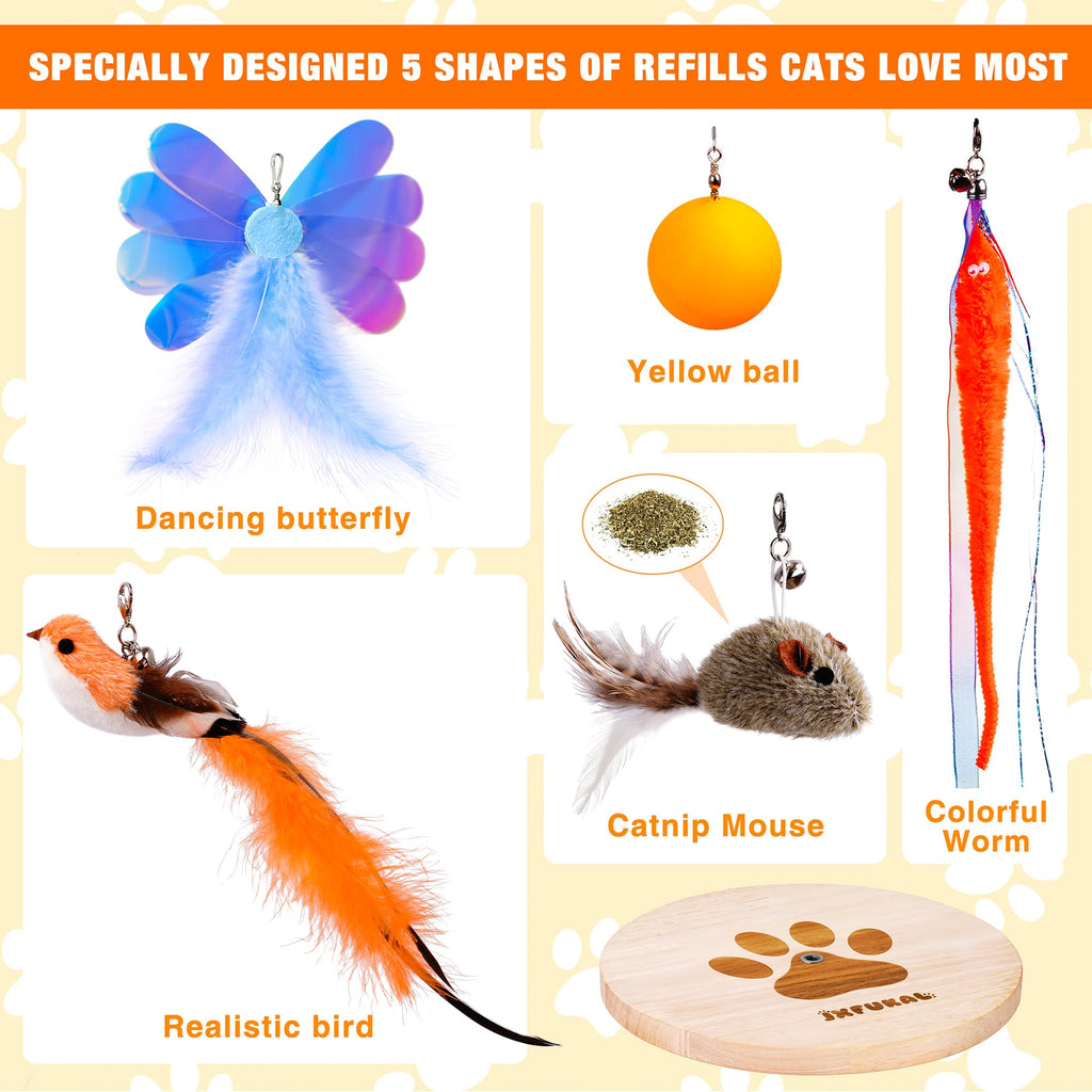 Explore the JXFUKAL Interactive Cat Toy refills, featuring a dancing butterfly, yellow ball, realistic bird, catnip mouse, and colorful worm. 100% Authentic, available in India at Curat Cart.