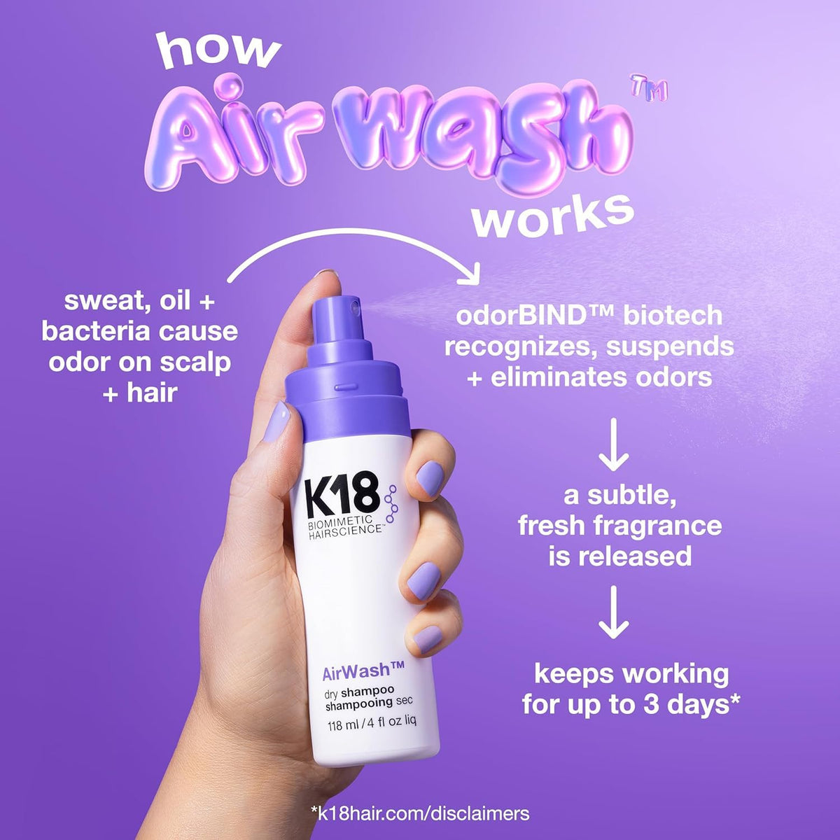 Discover K18 AirWash Dry Shampoo, verified by CuratCart. Eliminates odors and leaves a fresh fragrance effortlessly.