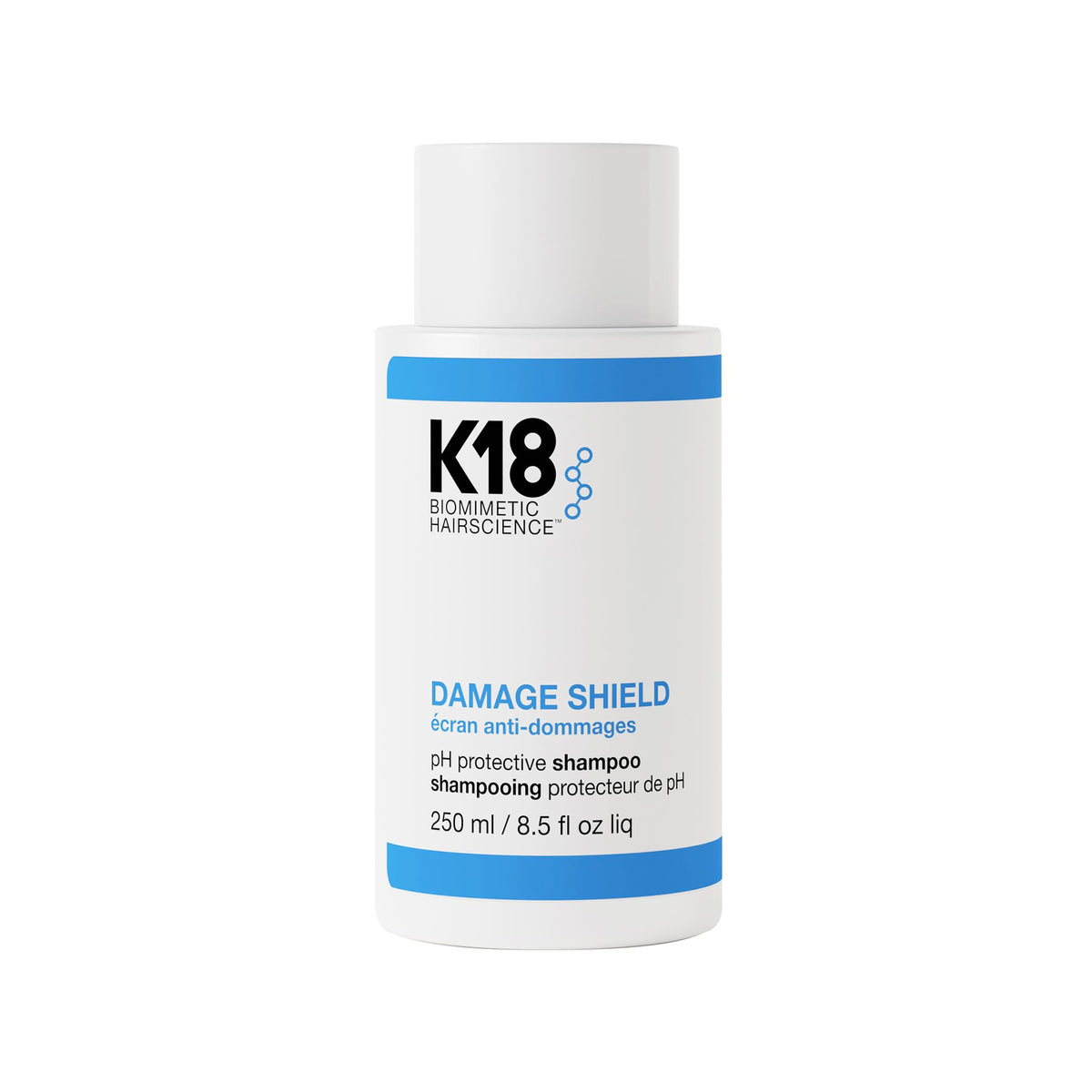 Discover the K18 Damage Shield Shampoo, featuring original packaging for pH protection and hair damage defense, 250 ml size.