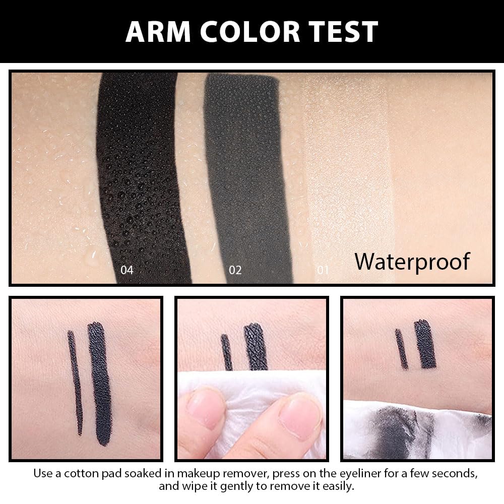 Test results for Kaely gel eyeliners on skin, showcasing waterproof formula durability and easy removal. Verified by CuratCart.