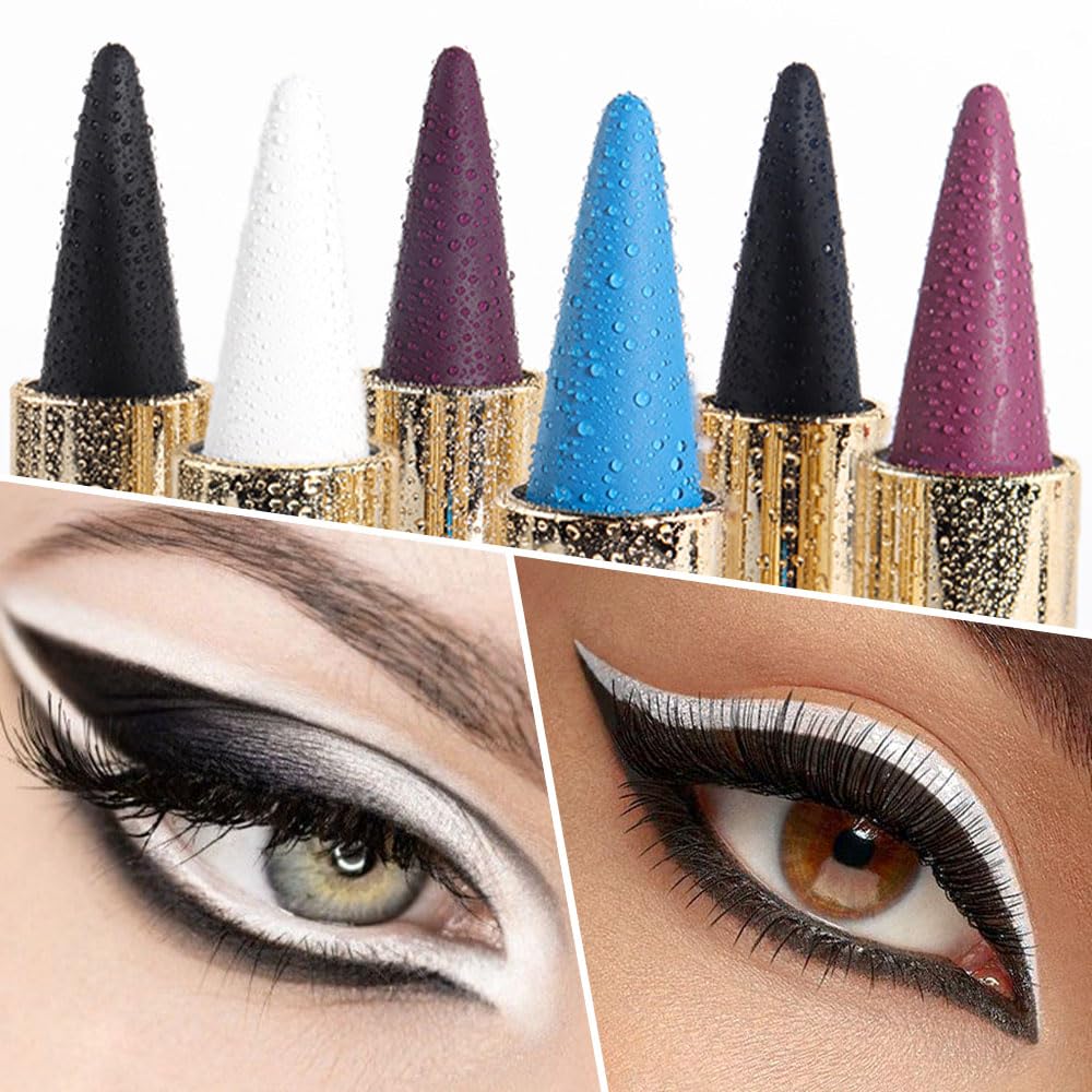 Set of colorful Kaely gel eyeliner pencils with a close-up glimpse of striking eye makeup artistry on models.