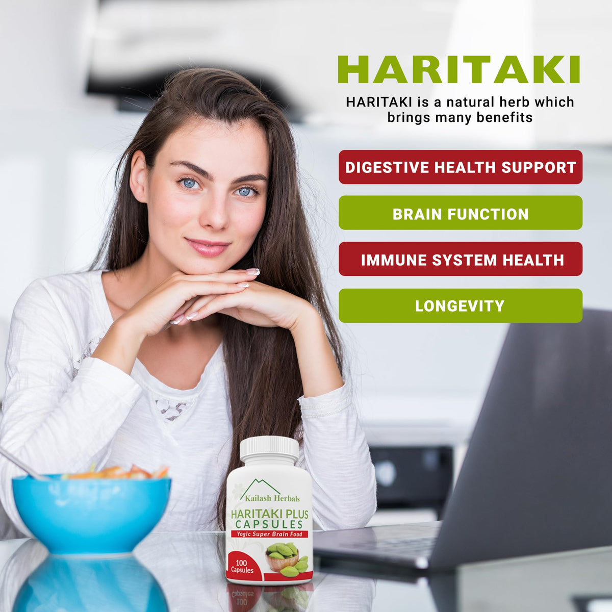 Kailash Herbals Haritaki Capsules in official packaging, promoting digestive health, brain function, and longevity. Available at Curat Cart.