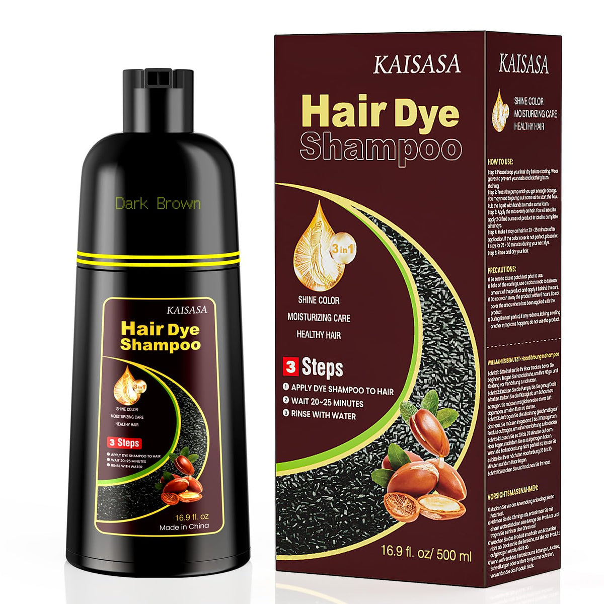 KAISASA Hair Dye Shampoo in Dark Brown, 3-in-1 formula for shine and moisturizing care. Verified by CuratCart.