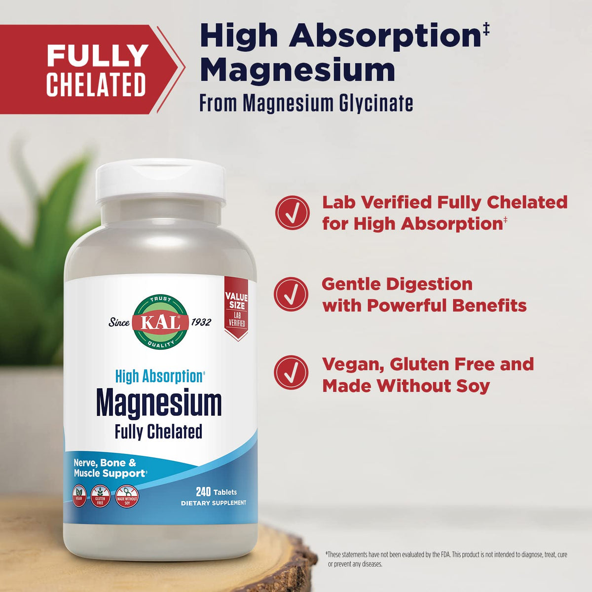 KAL Magnesium Glycinate Tablets, specially curated by Curat Cart, ensure high absorption for nerve and muscle support. Vegan and gluten-free.