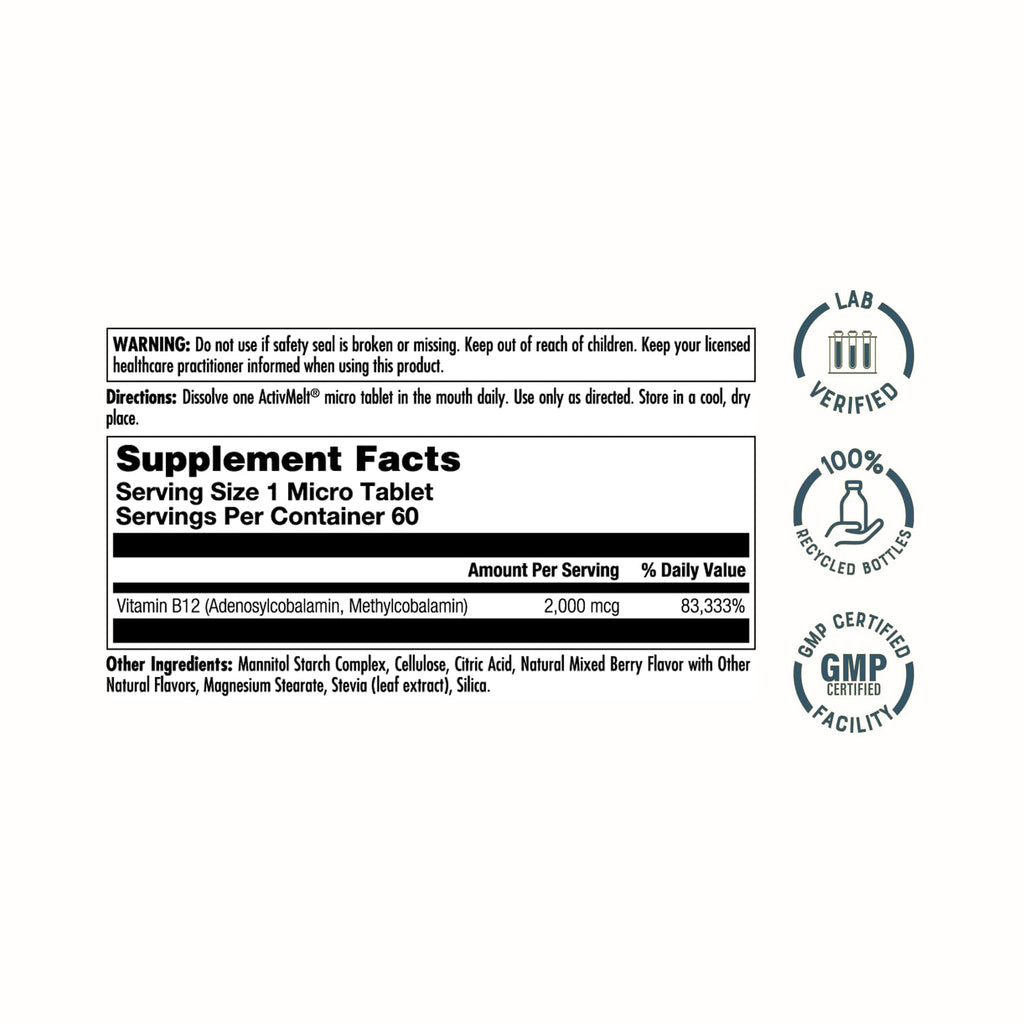 KAL Vitamin B12 Methylcobalamin label highlights 100% Authentic supplements, available in India at Curat Cart. Trustworthy and GMP certified.