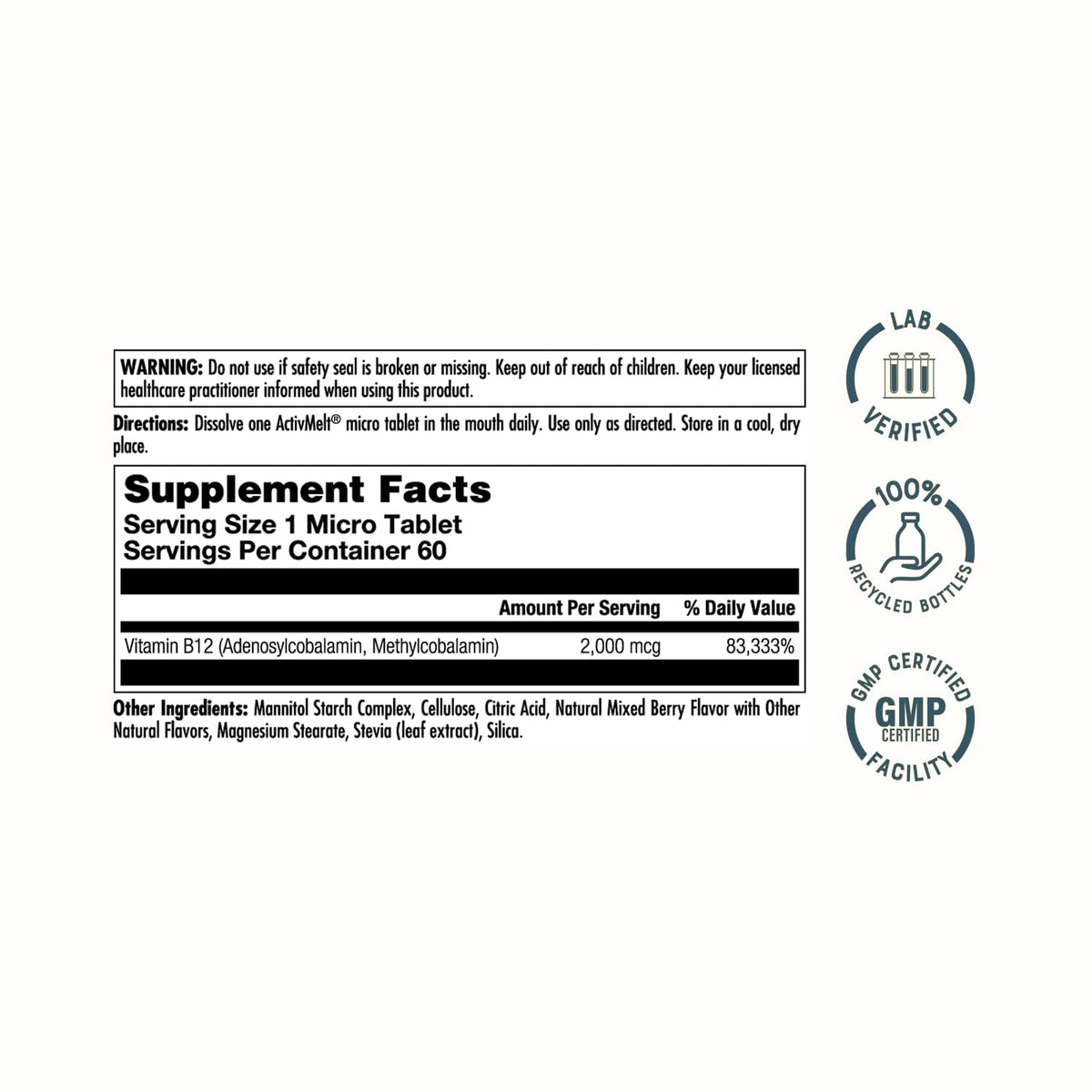 KAL Vitamin B12 Methylcobalamin label highlights 100% Authentic supplements, available in India at Curat Cart. Trustworthy and GMP certified.