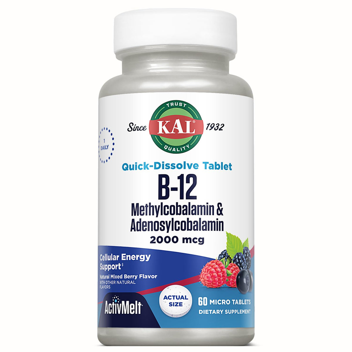 KAL Vitamin B12 Methylcobalamin offers premium imported support for energy, featuring 60 quick-dissolve tablets. Available at Curat Cart.