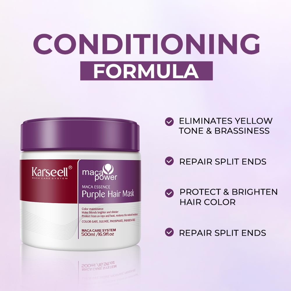 Karseell Purple Hair Mask in official packaging, designed to eliminate yellow tones, repair split ends, and protect hair color. Available at Curat Cart.
