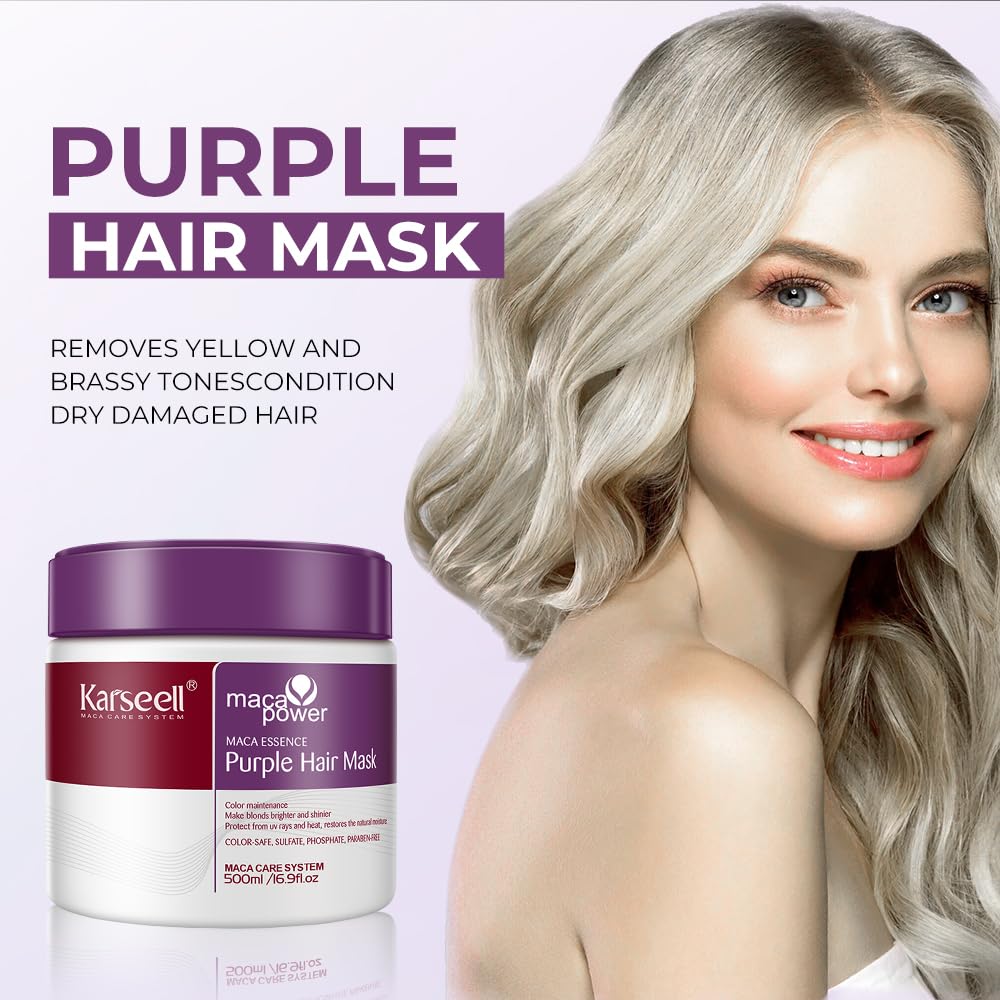 Karseell Purple Hair Mask effectively removes yellow tones, available at Curat Cart. 100% Authentic for dry, damaged hair.