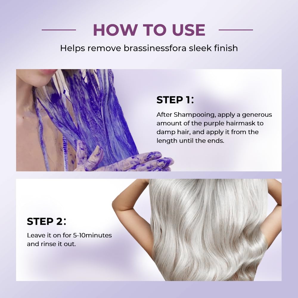 Karseell Purple Hair Mask instructions for use, highlighting steps to apply and achieve a sleek finish, 16.90 oz.