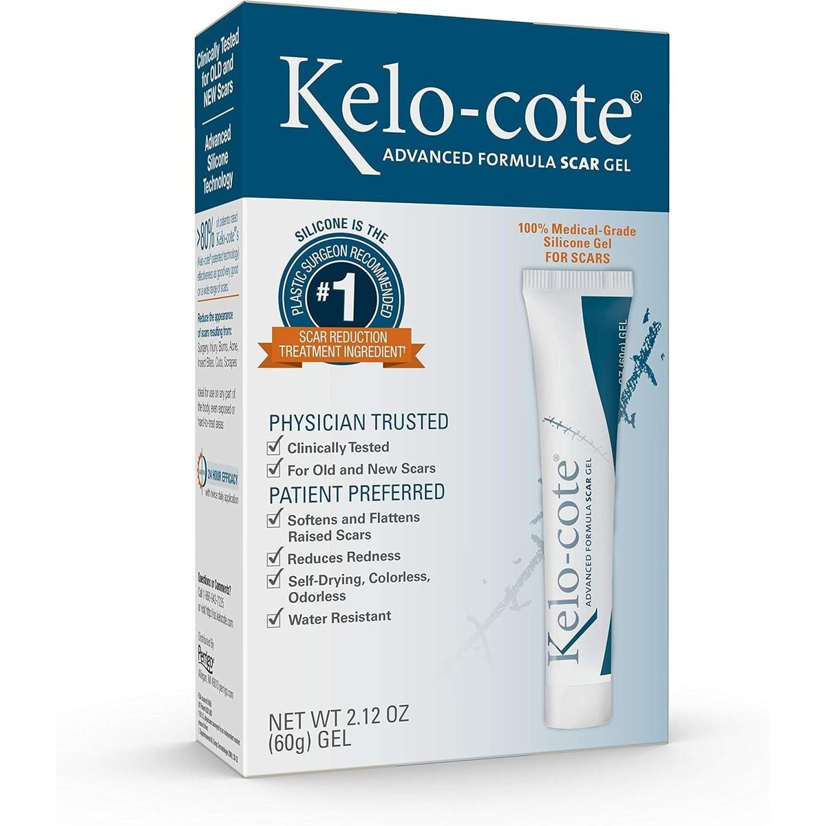 Kelo-cote Scar Gel in original packaging, clinically proven for scar reduction, 100% medical-grade silicone, 60g tube.