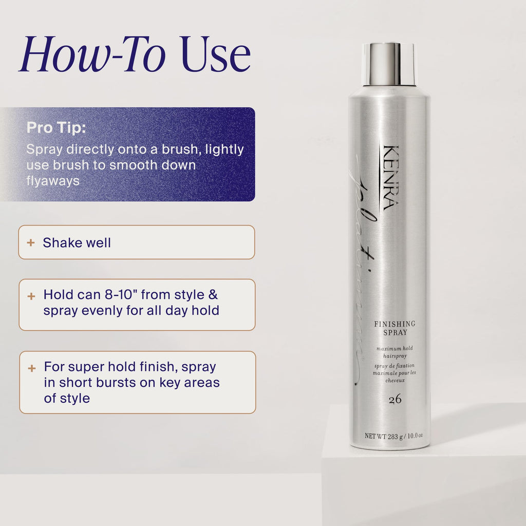 Kenra Professional Platinum Finishing Spray 26 in sleek silver packaging; a lightweight, all-day hold hairspray for styling.