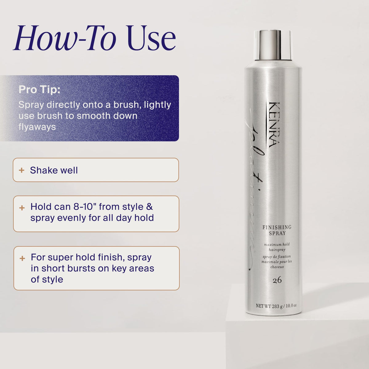Kenra Professional Platinum Finishing Spray provides all-day hold with a pro tip for optimal use. Verified by CuratCart for trust.