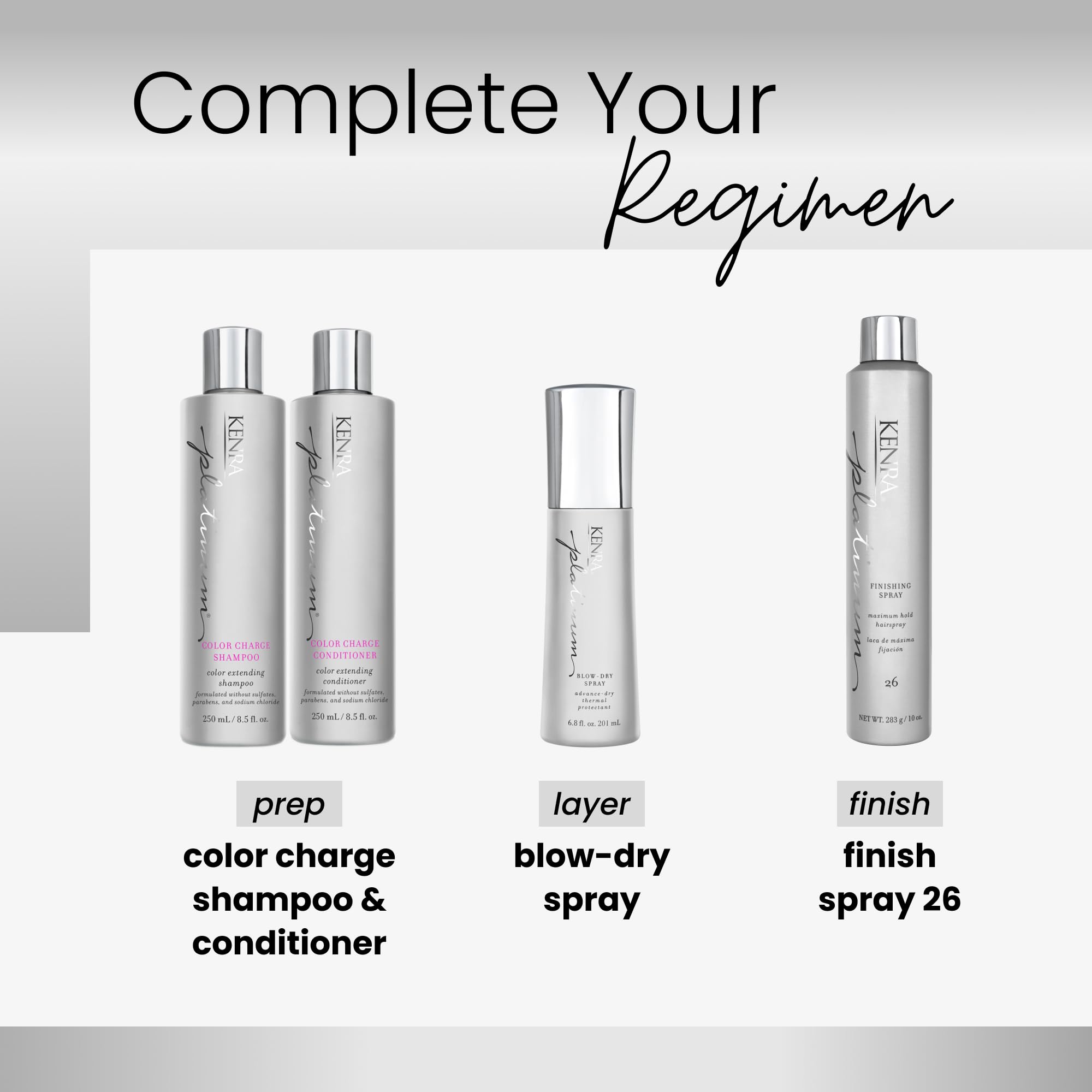 Kenra Professional Platinum haircare products, including shampoo, conditioner, blow-dry spray, and finishing spray. Premium quality.