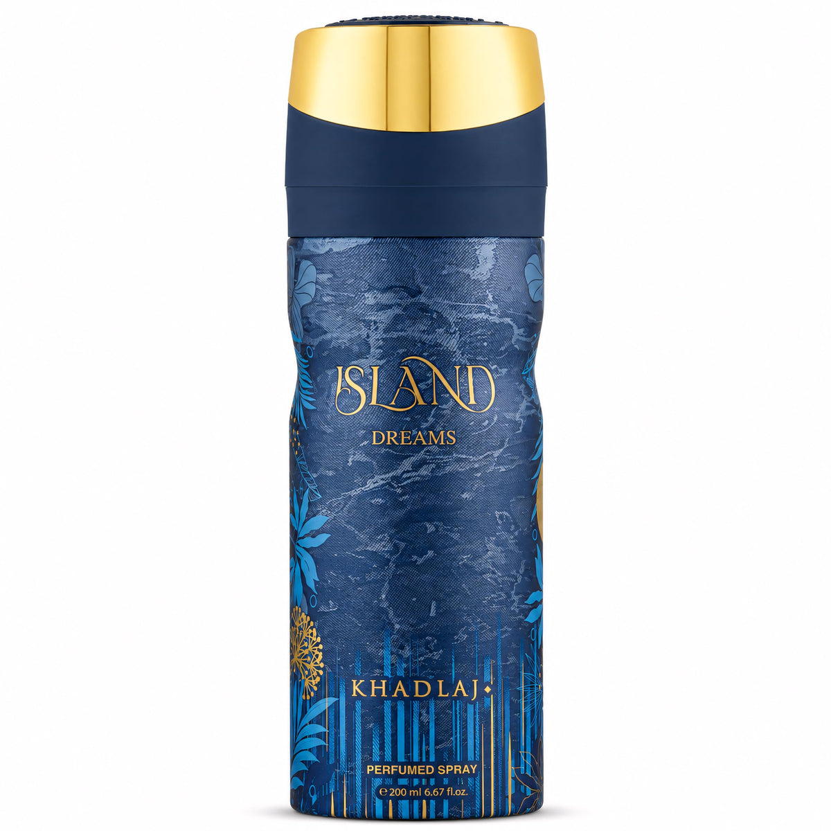 Khadlaj Island Extrait de Parfum Spray in a blue bottle with floral design, 200ml, verified by CuratCart for quality.