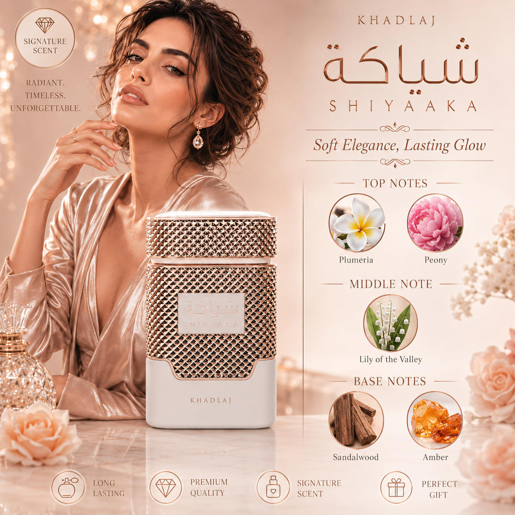 Khadlaj Shiyaaka Snow features elegant packaging with a citrusy, woody scent and floral notes. A radiant, lasting gift.