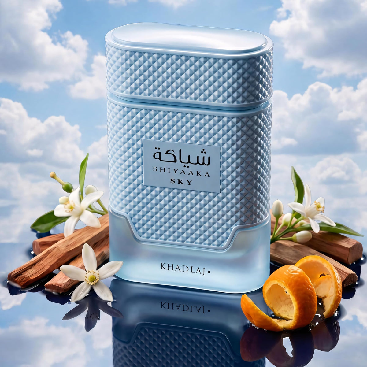 Khadlaj Shiyaaka Snow features a stylish blue bottle, surrounded by citrus slices, flowers, and woody elements.