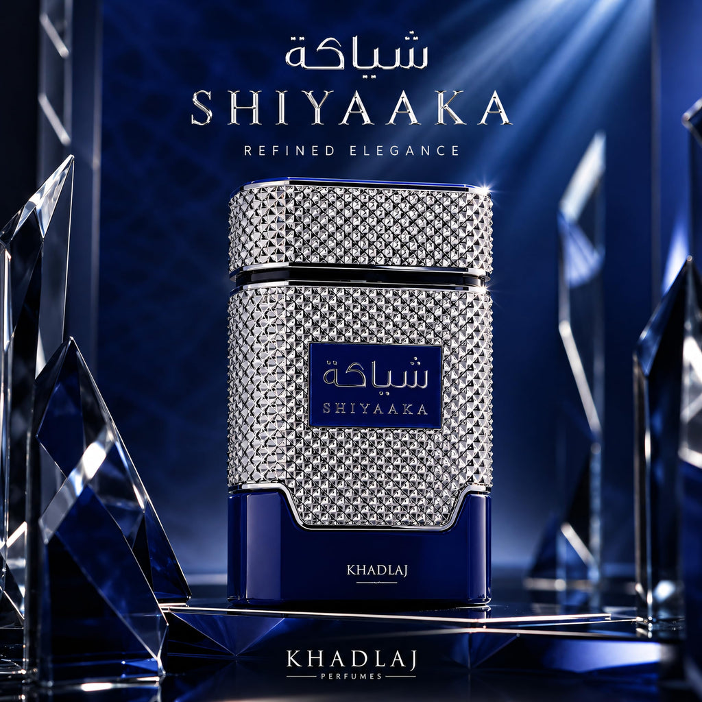 Khadlaj Shiyaaka Snow fragrance with a sparkling diamond-patterned bottle, exuding citrusy and woody notes.