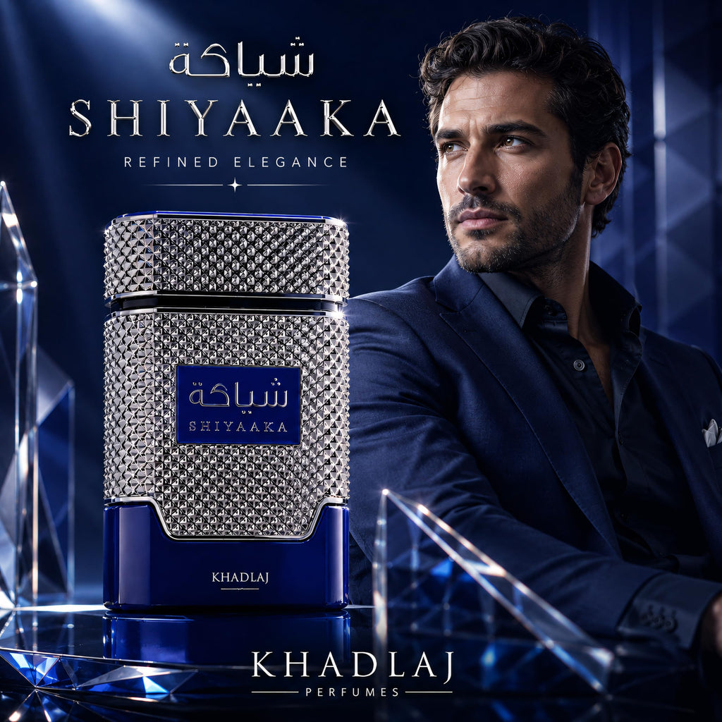 Discover the authentic Khadlaj Shiyaaka Snow perfume in a sleek, luxurious bottle, radiating citrusy and woody notes.